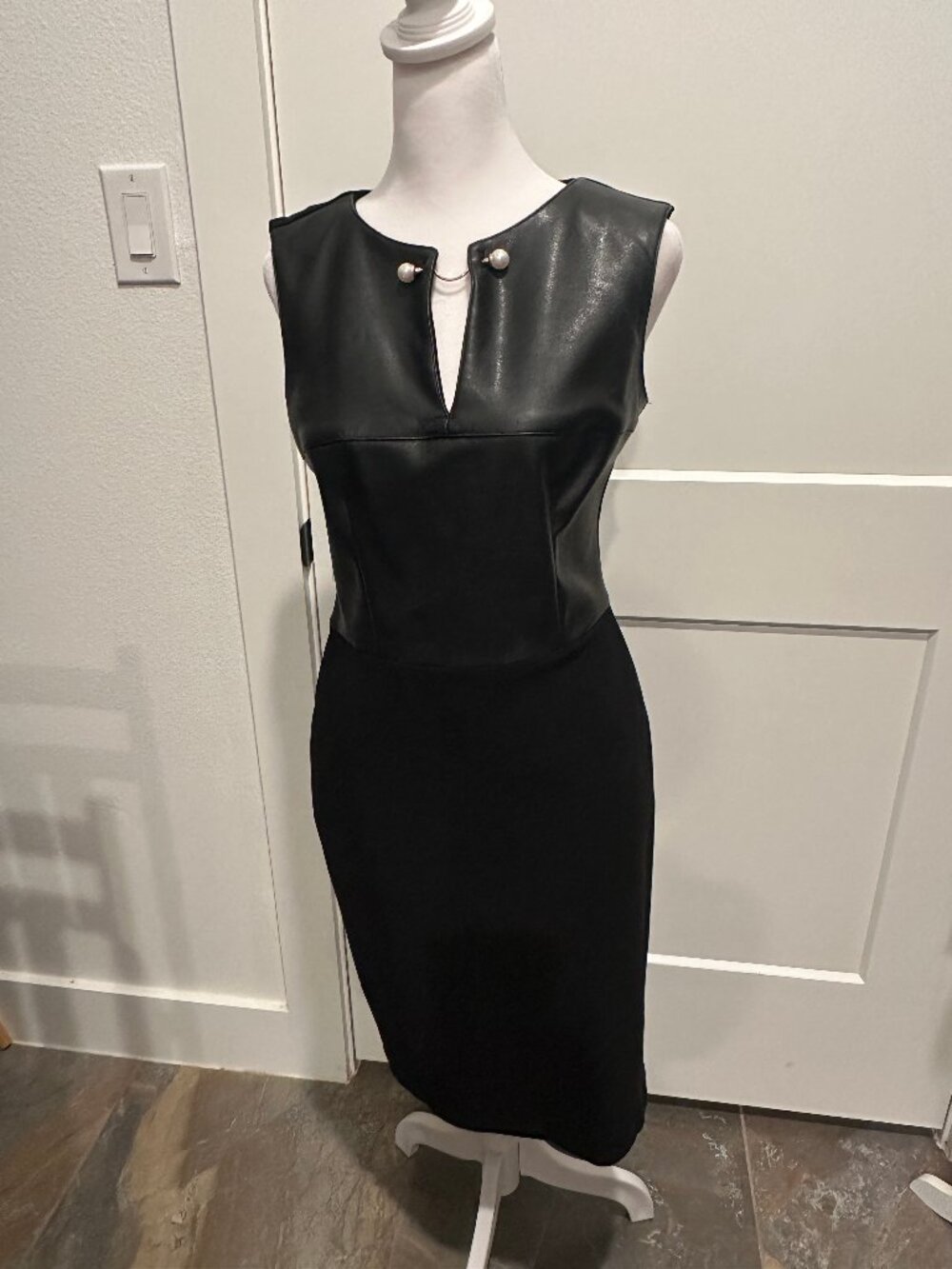 Joseph Ribkoff Little Black Dress with faux leather and pearl accent Size 6